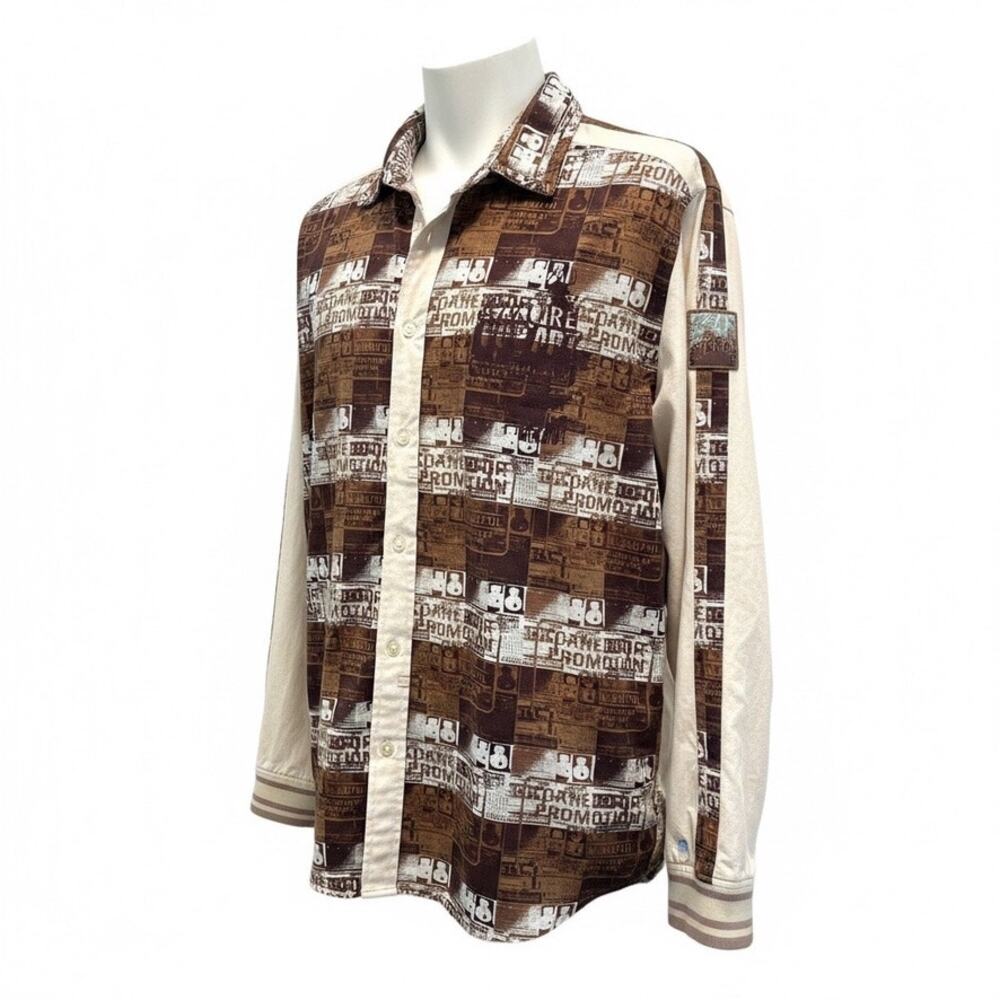 Azzure Mens 2XL Brown Pattern Button Up Shirt Sleeve Stripe Graphic Patch Cotton